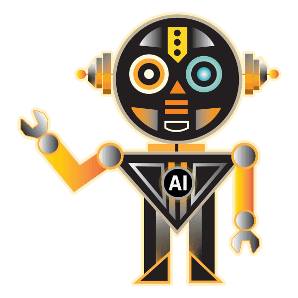 A futuristic warrior bot with circular multicolored eyes, a triangular torso, and geometric arms raised in a welcoming gesture. The design features bold orange, black, and metallic accents