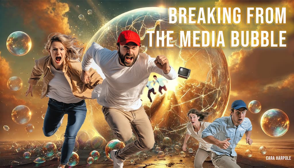 Three individuals running energetically out of a large, shattered, glowing bubble, symbolizing freedom and transformation. A man in a red cap and casual clothing leads in the center, flanked by a determined woman on the left and a man in a blue cap on the right. The golden light of a sunrise illuminates the cracked bubble fragments, adding warmth and hope to the dramatic escape. Text at the top reads 'Breaking from the Media Bubble,' emphasizing the theme of liberation.