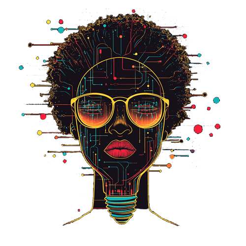 Abstract portrait of a person with sunglasses, afro-style hair, and a lightbulb-shaped neck, overlaid with colorful circuitry patterns