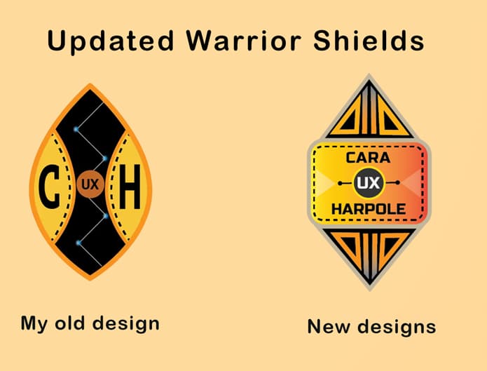 Comparison of old and new Warrior Shield designs. The old design features a simple black and orange shield with 'C', 'H', and 'UX' lettering, while the new design is more intricate with geometric patterns, gradient colors, and the name 'Cara Harpole' prominently displayed around the 'UX' core.