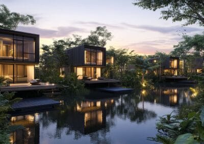 Modern eco-friendly homes surrounded by water and lush greenery at sunset.
