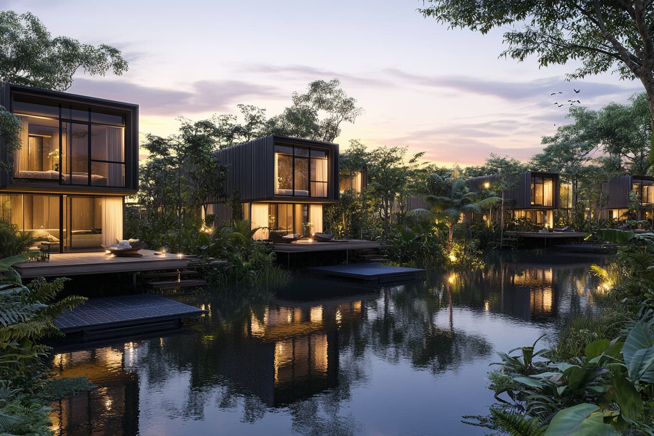 Modern eco-friendly homes surrounded by water and lush greenery at sunset.