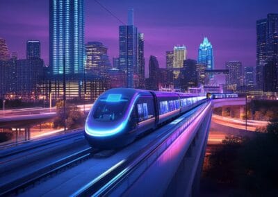 Sleek electric train with neon lights speeding through a modern city skyline.