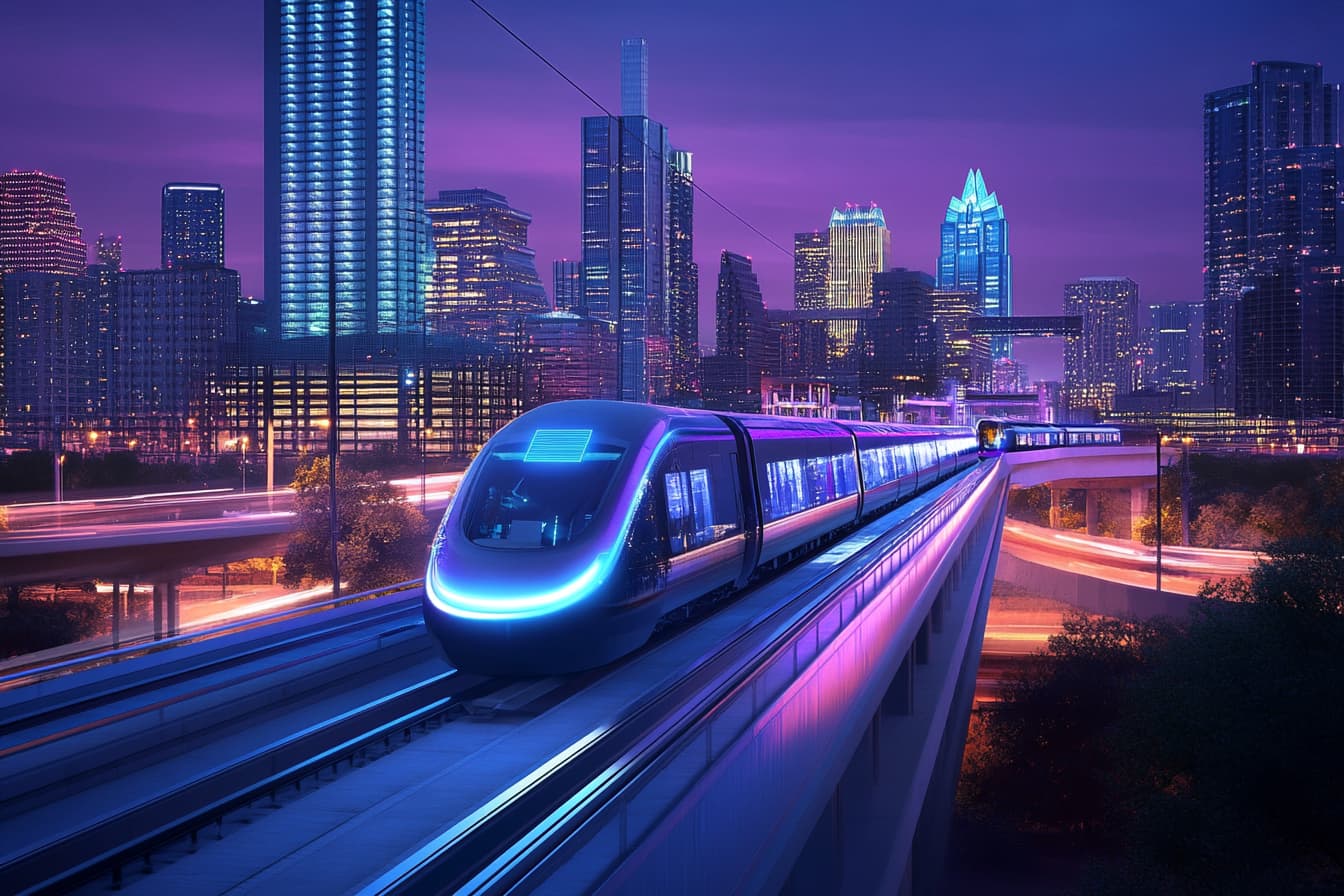 Sleek electric train with neon lights speeding through a modern city skyline.