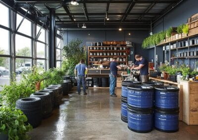 Industrial workspace with workers upcycling tires and plants decorating the area.