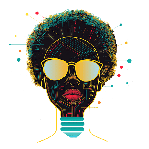 Digital illustration of a futuristic machine in human form, with a face shaped like a lightbulb, a neck resembling the base of a lightbulb, reflective sunglasses, intricate circuit patterns, and hair woven with glowing fiber-optic-inspired elements, lips are a bright color,