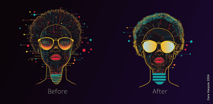 Side-by-side comparison of two futuristic digital portraits labeled 'Before' and 'After.' Both feature a stylized human face with circuitry designs, reflective sunglasses, and a light bulb base. The 'After' version has smoother textures, a refined circuit pattern, and a glowing aura around the hair
