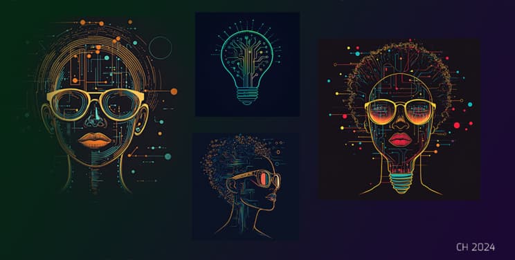 Collage of futuristic digital artwork featuring human figures and symbols of innovation. Includes a central figure with circuit-inspired designs and reflective glasses, a glowing light bulb with tree-like circuitry, and side profiles of technologically enhanced human faces. Neon colors and sci-fi aesthetics dominate the compositions
