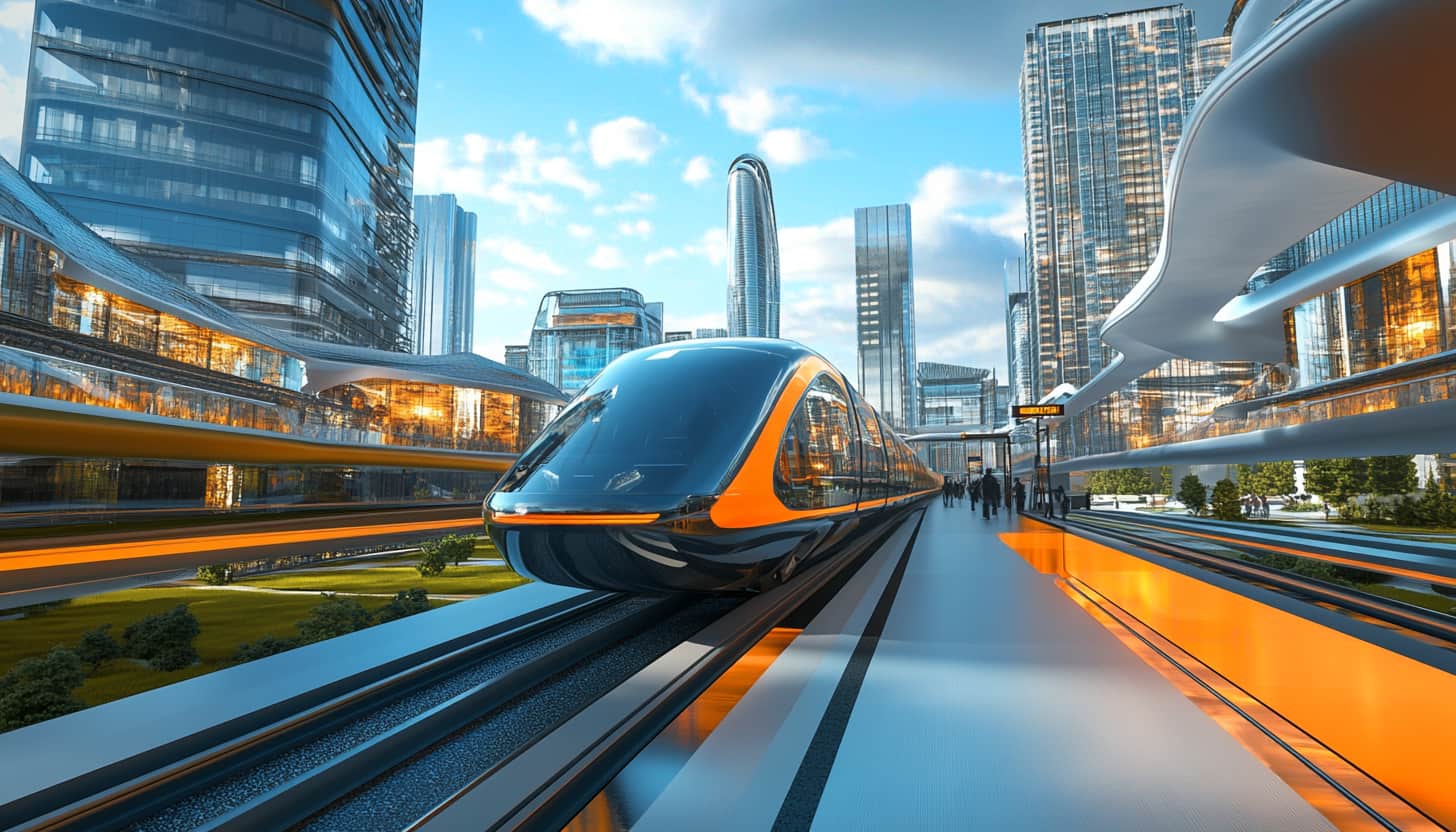 A futuristic rail system in a city highlighted by orange. A futuristic downtown is in the background