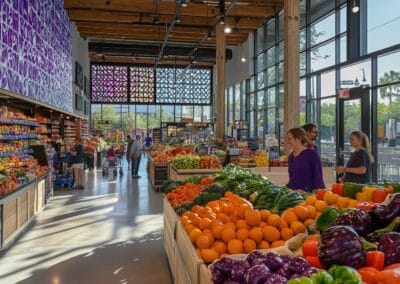 Bright grocery store with fresh produce and natural light through large windows. Caption: Fresh produce at the heart of the community.