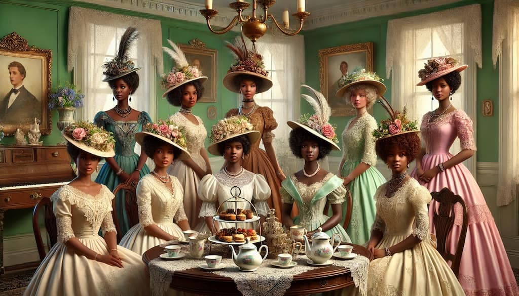 Elegant Victorian-era tea party featuring ten women dressed in ornate gowns with intricate lace and floral hats, seated around a tea table adorned with fine china and tiered trays of desserts, set in a richly decorated parlor with green walls and classical furnishings