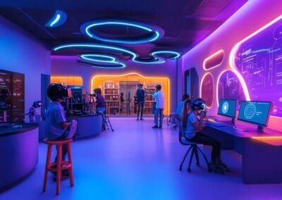 A futuristic STEM education lab filled with diverse kids and teens using VR headsets, 3D printers, and robotics kits, a bright and energetic space with vibrant colors, high-tech equipment, and collaborative workstations