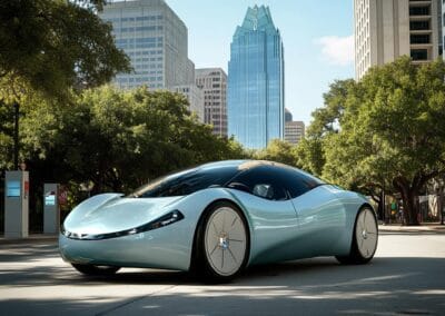 A sleek, futuristic biofuel-powered car in downtown Austin with a smooth, aerodynamic design.
