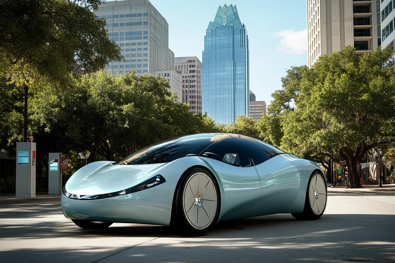 A sleek, futuristic biofuel-powered car in downtown Austin with a smooth, aerodynamic design.