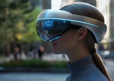 A sleek and lightweight VR headset with glowing blue accents worn by a user in a modern city environment.