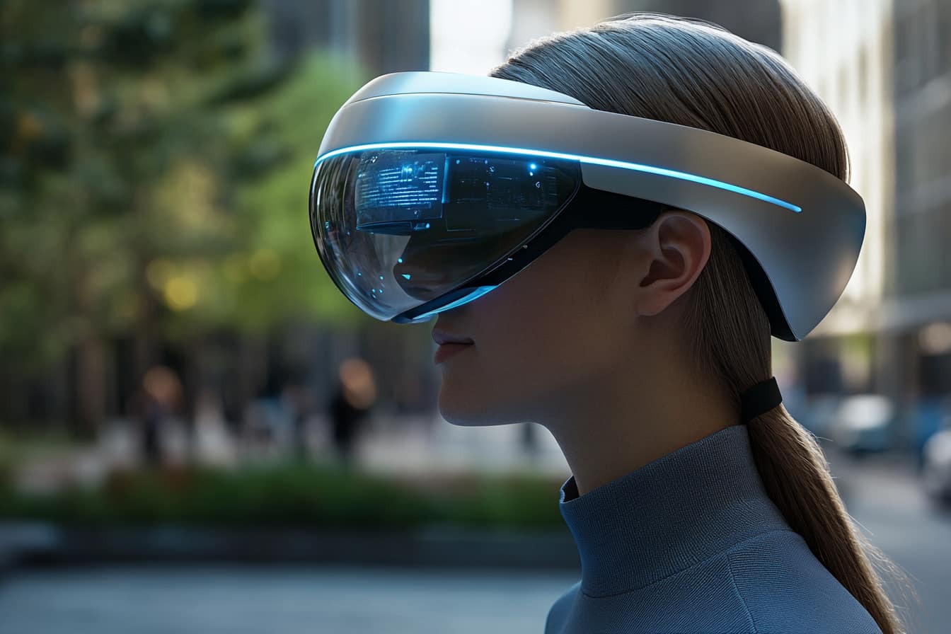 A sleek and lightweight VR headset with glowing blue accents worn by a user in a modern city environment.