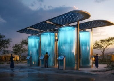 A solar-powered atmospheric water generation station with glowing blue water tanks in a rural community setting.
