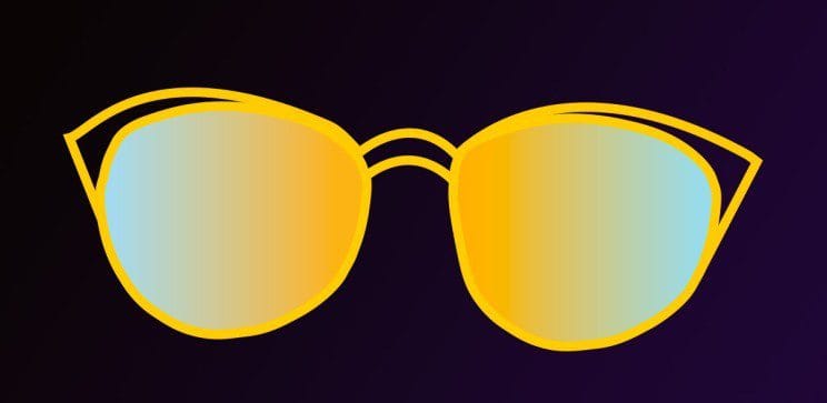 Minimalistic illustration of yellow reflective sunglasses with gradient lenses that transition from blue to gold, set against a dark background
