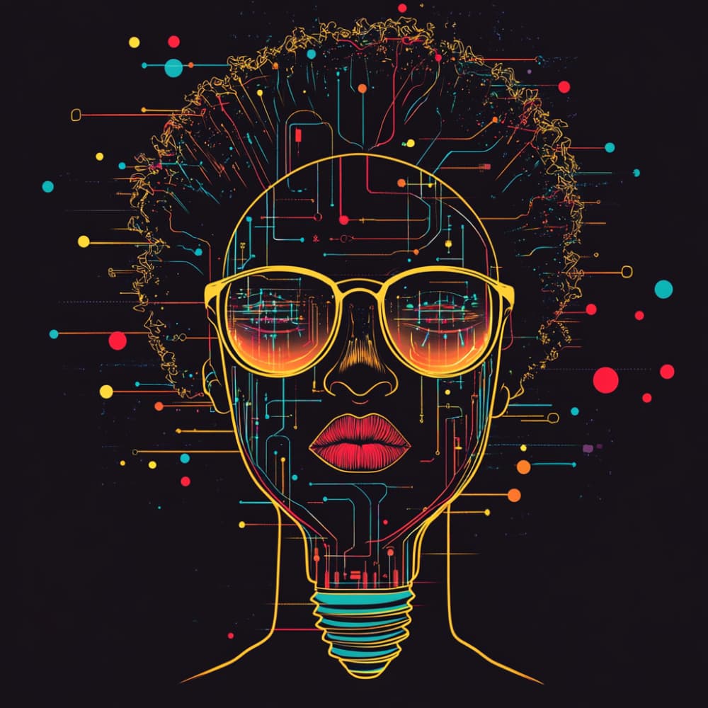 Abstract portrait of a person with sunglasses, afro-style hair, and a lightbulb-shaped neck, overlaid with colorful circuitry patterns