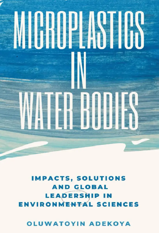 Book cover titled “Microplastics in Water Bodies” with blue watercolor background and white typography.