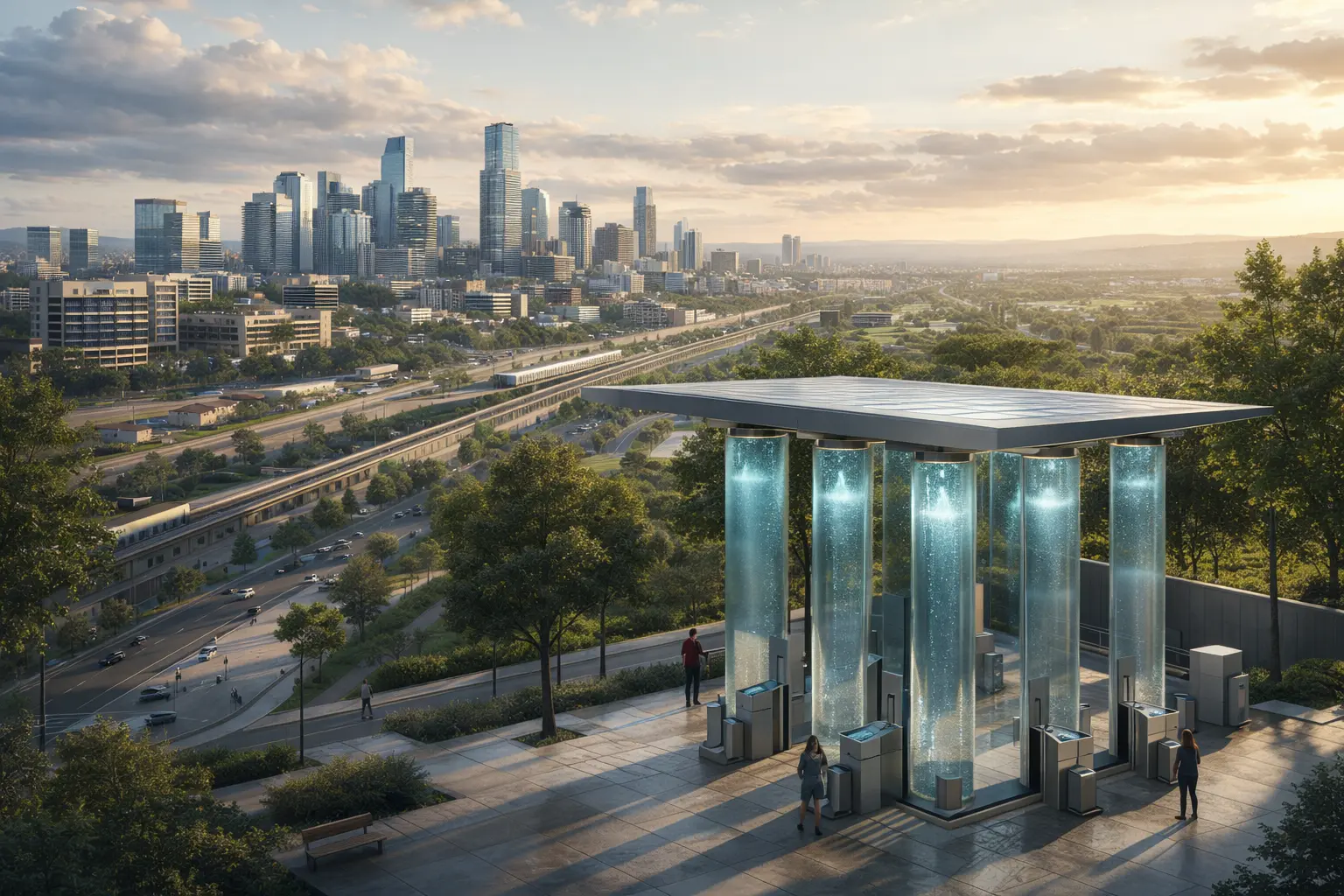 san antonio austin coridor A future-focused public water station overlooks a growing city, integrating transparent water storage columns and shared access points into the urban landscape. The system is designed to support regional populations through visible, resilient water infrastructure embedded in public space.