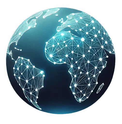 a globe with nodes connected around the world. the round parts of the nodes are shining