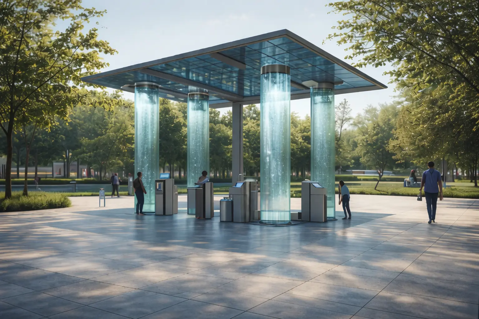 Modern public water station in a park featuring solar-powered canopy and transparent water columns, with people using sustainable drinking water technology surrounded by trees and open green space.