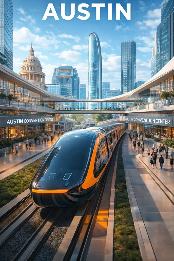 Rail and fast trail in the middle of a futuristic austin texas convention center.  downtown is in the background